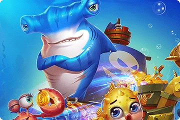 Arcade-style fishing game with colorful underwater creatures